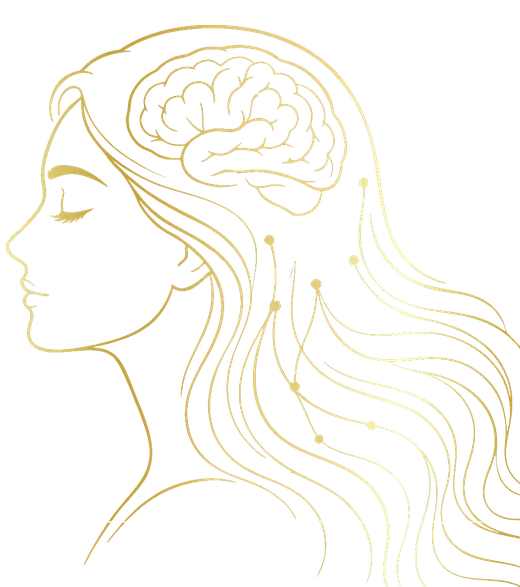 Gold line illustration of a woman with the mind connected to flowing hair