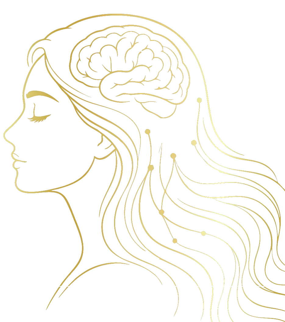 Gold line illustration of a woman with the mind connected to flowing hair